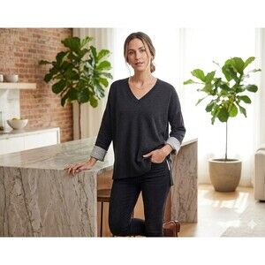 Vince Womens V neck Wool Blend Sweater Black XS Top 3/4 Cuffed Sleeves